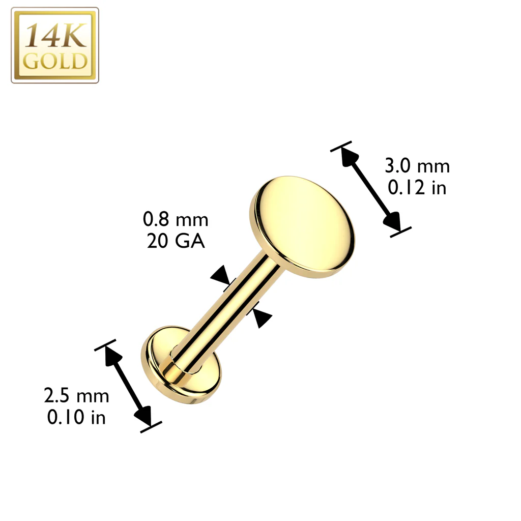 14K Solid Gold Threadless Push In Flat Back Stud With Round Top for Nose Tragus - Image 3