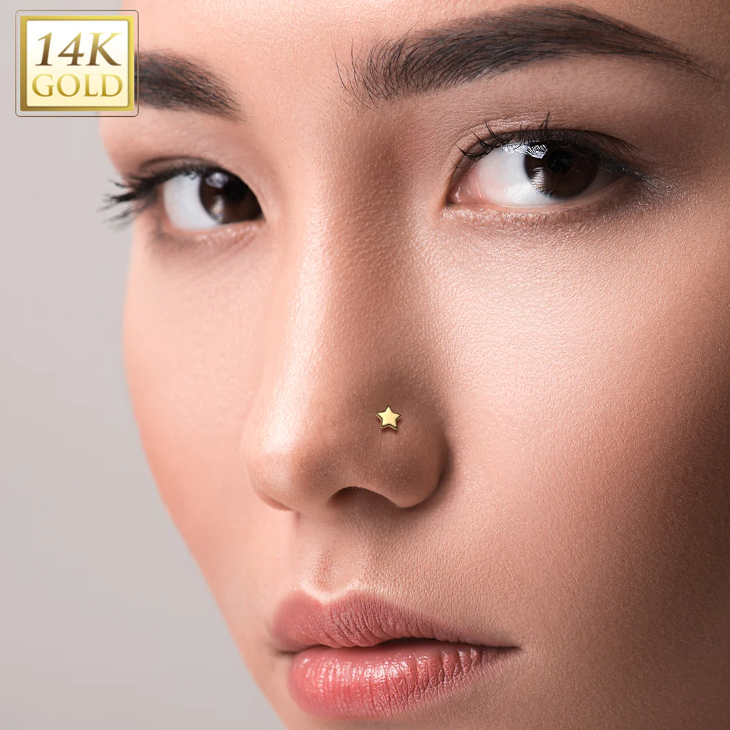 14K Solid Gold Threadless Push In Nose Stud With Star Top - Image 2
