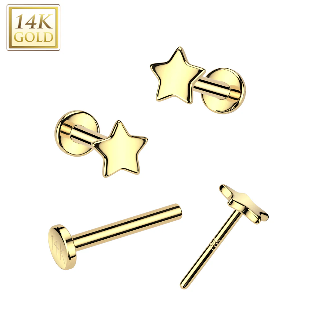14K Solid Gold Threadless Push In Nose Stud With Star Top - Image 4