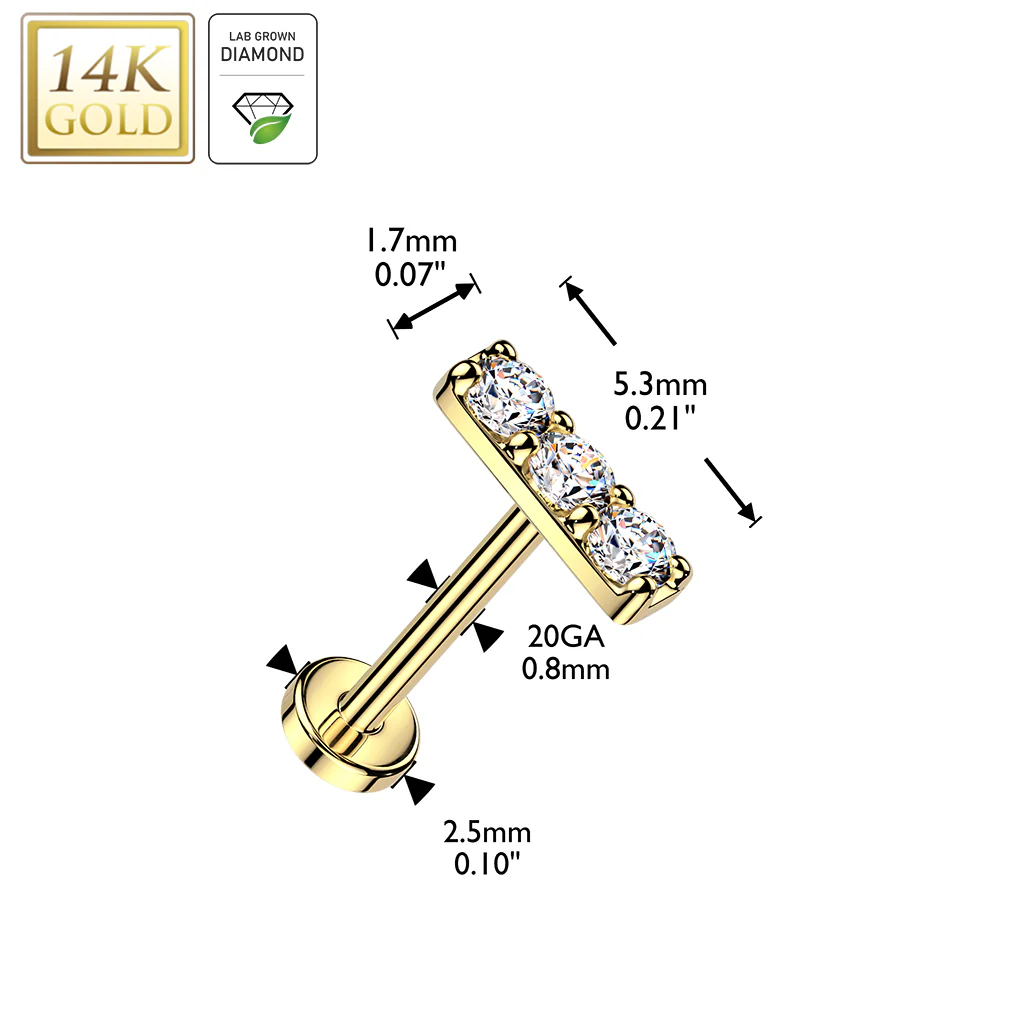 14K Solid Gold Threadless Push In Prong 3 Lab Grown Diamonds Stud Labret Tragus - Image 3