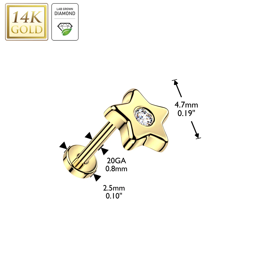 14K Solid Gold Threadless Push In Star Lab Grown Diamonds Stud Labret Tragus - Image 3