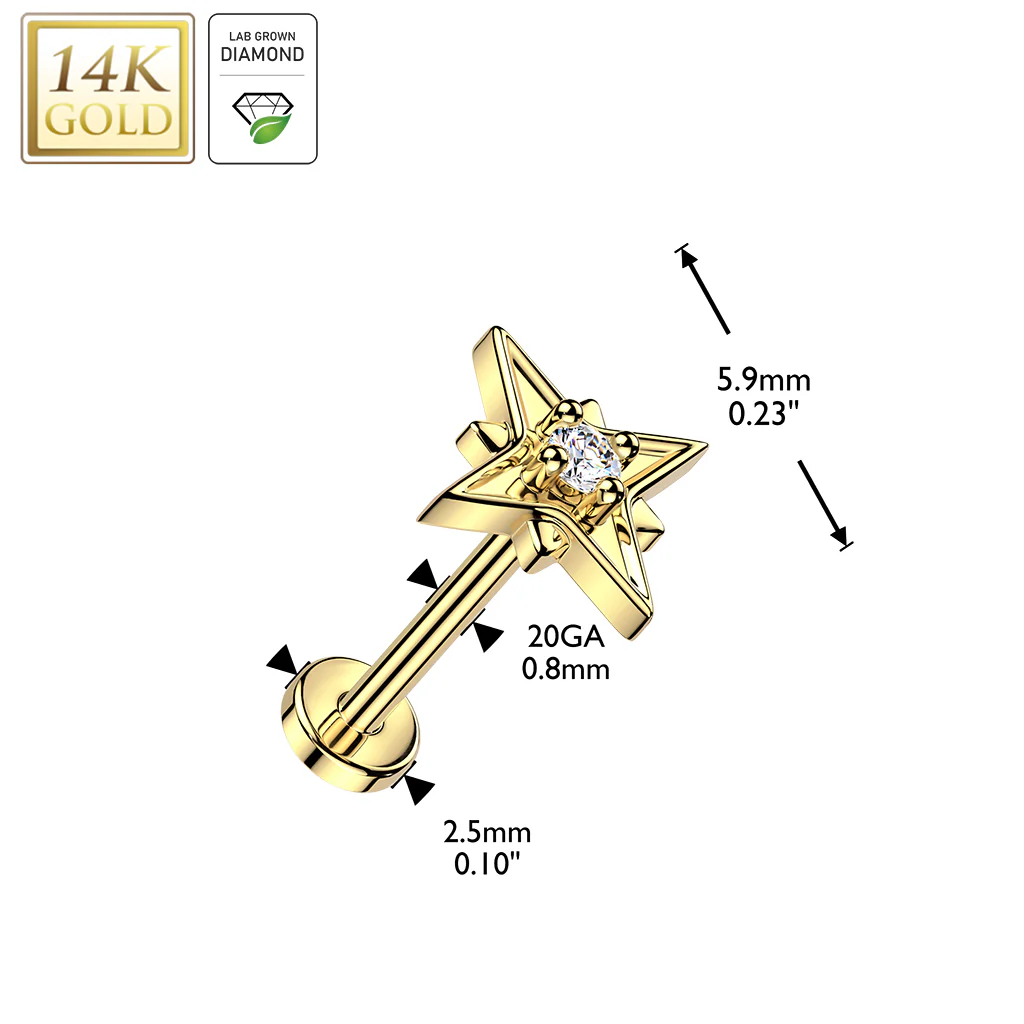 14K Solid Gold Threadless Push In Starburst Lab Grown Diamonds Stud Labret Tragus - Image 3