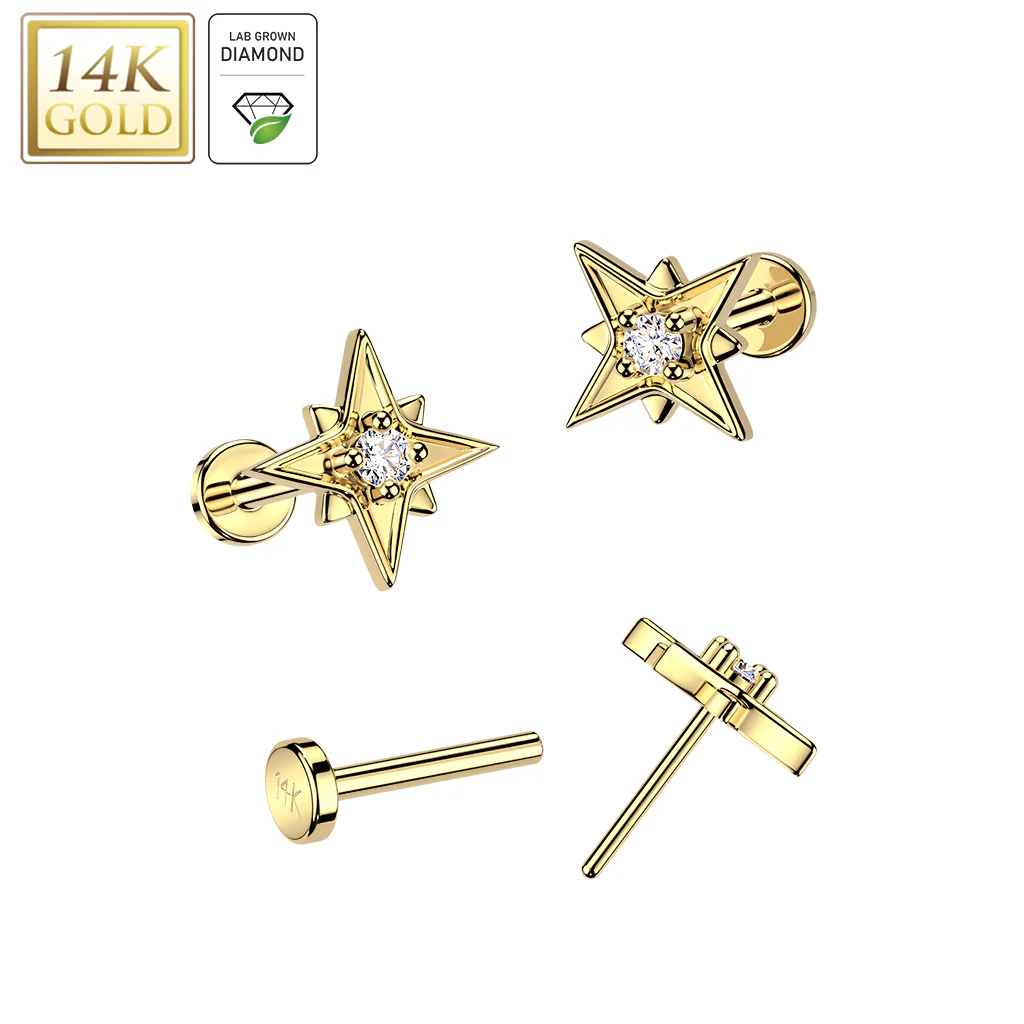 14K Solid Gold Threadless Push In Starburst Lab Grown Diamonds Stud Labret Tragus - Image 4