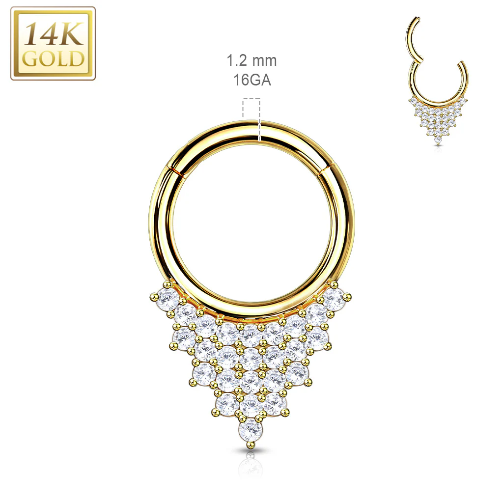 14K Solid Gold Triangle CZ Hinged Segment Hoop Ring Nose Septum Daith - Image 3