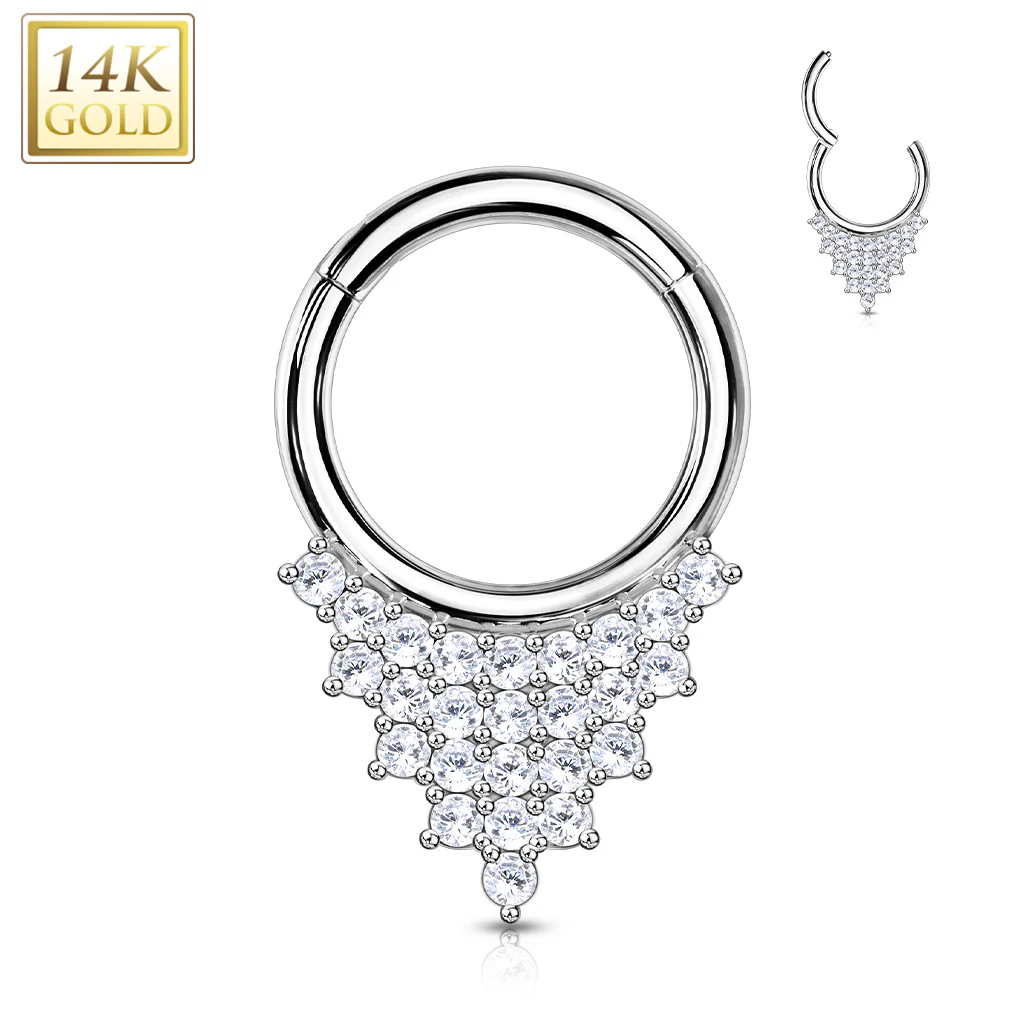 14K Solid Gold Triangle CZ Hinged Segment Hoop Ring Nose Septum Daith - Image 4