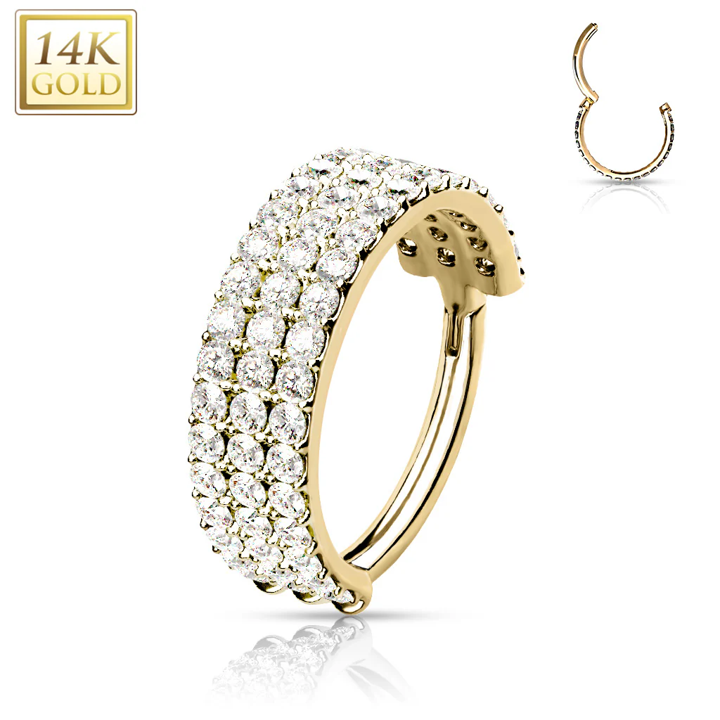 14K Solid Gold Triple Line Hinged Segment Hoop Ring Nose Septum Daith - Image 5