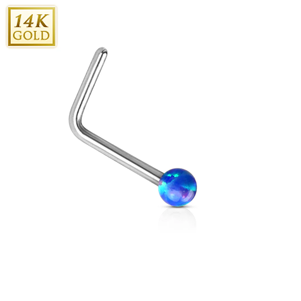14K Solid White Gold Opal Ball L Bend Nose Stud Ring - Image 3