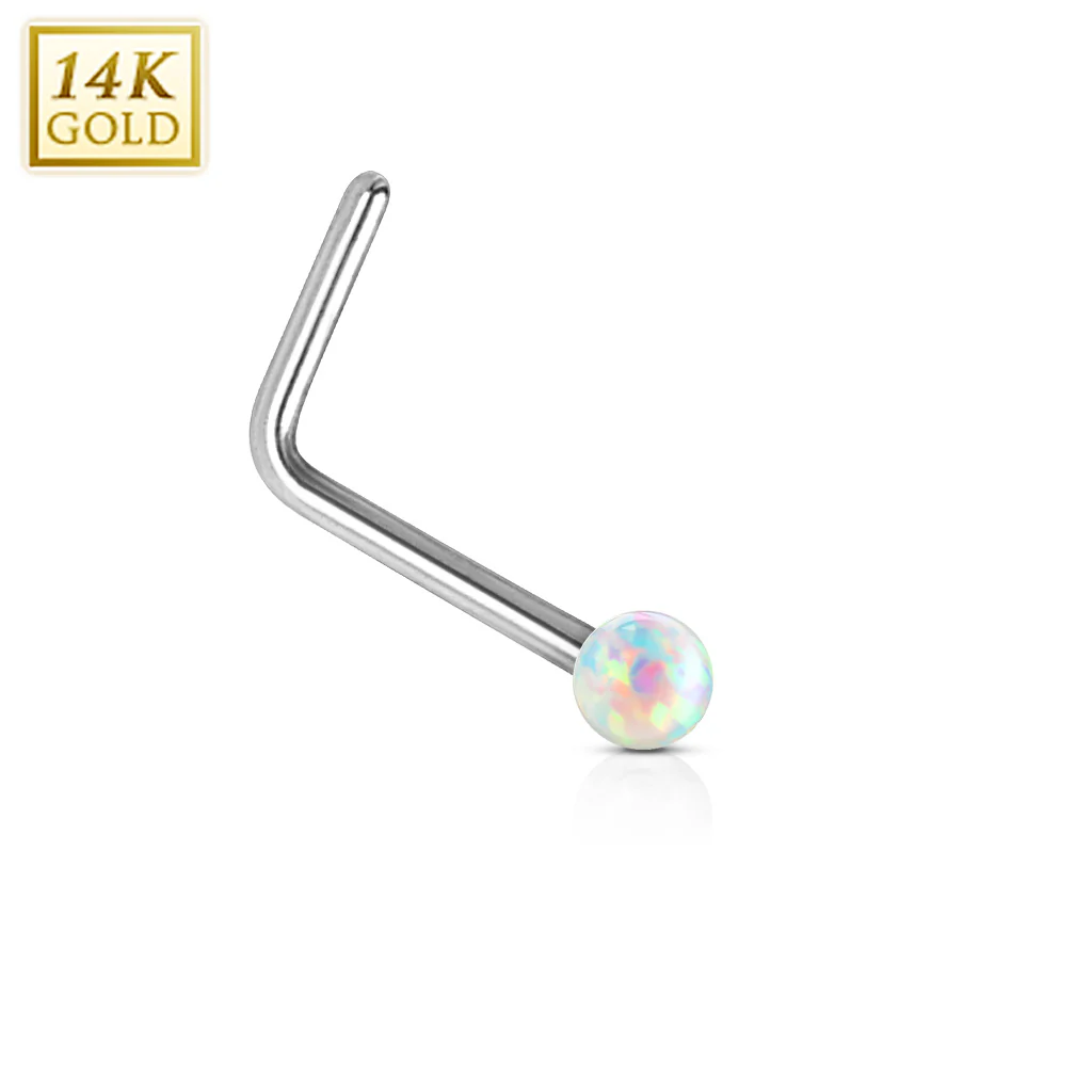 14K Solid White Gold Opal Ball L Bend Nose Stud Ring - Image 4