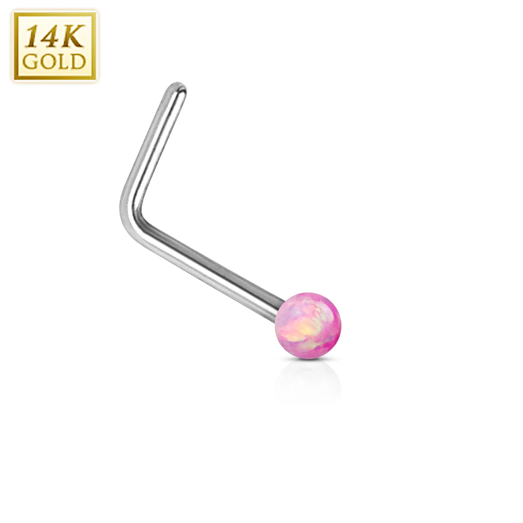 14K Solid White Gold Opal Ball L Bend Nose Stud Ring - Image 5