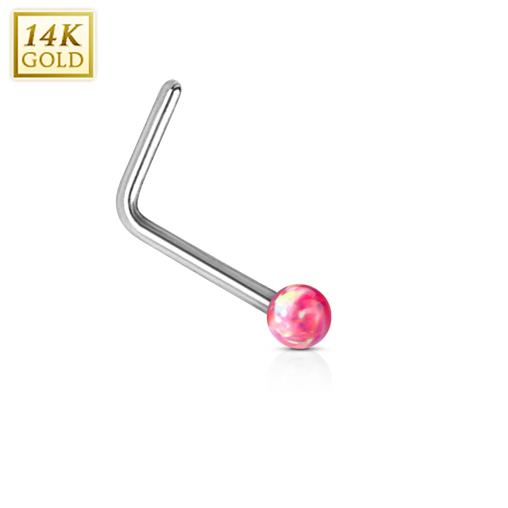 14K Solid White Gold Opal Ball L Bend Nose Stud Ring - Image 6