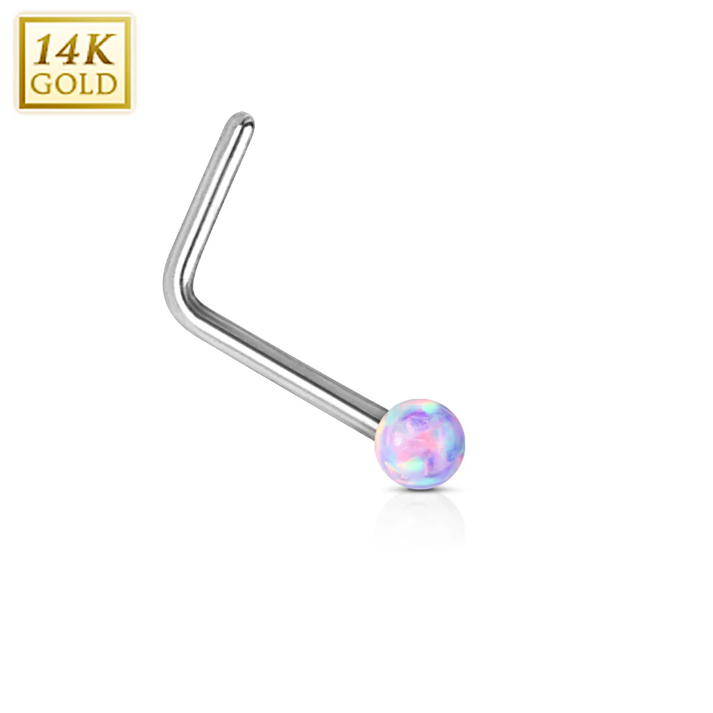 14K Solid White Gold Opal Ball L Bend Nose Stud Ring - Image 7