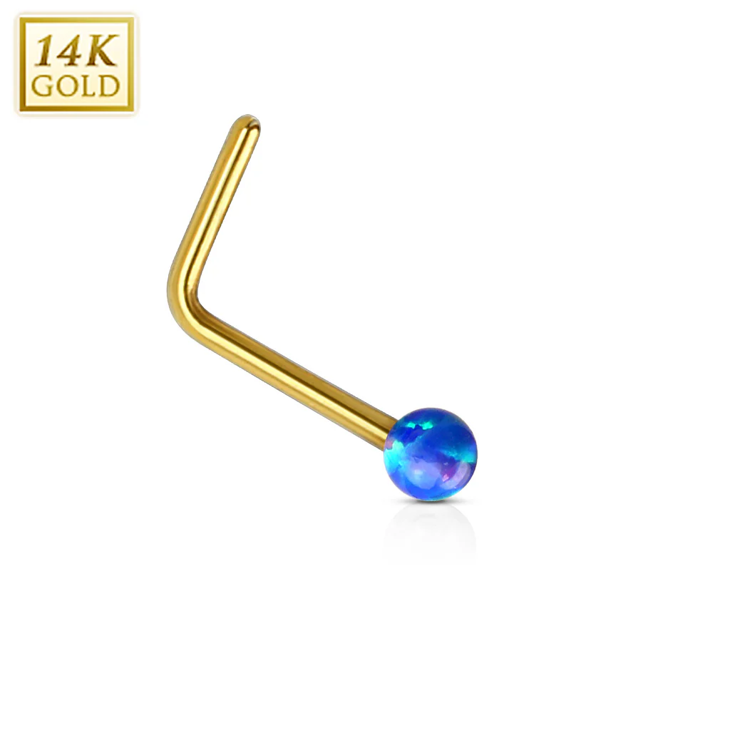 14K Solid Gold Opal Ball L Bend Nose Stud Ring - Image 3