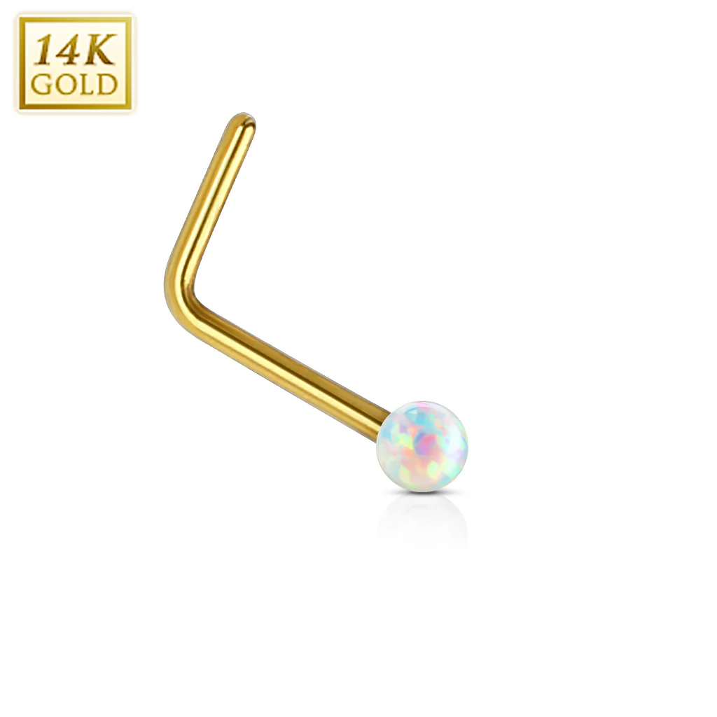 14K Solid Gold Opal Ball L Bend Nose Stud Ring - Image 4