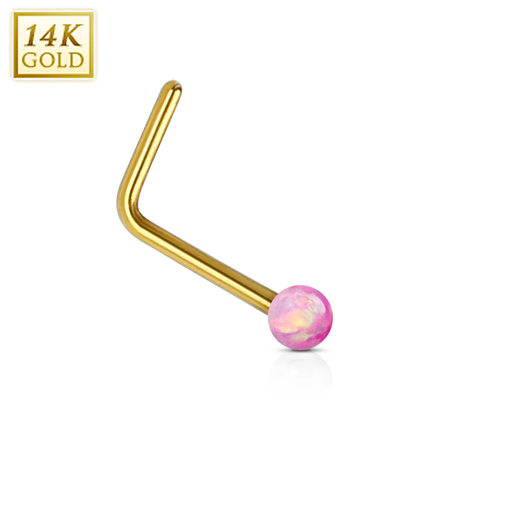 14K Solid Gold Opal Ball L Bend Nose Stud Ring - Image 5