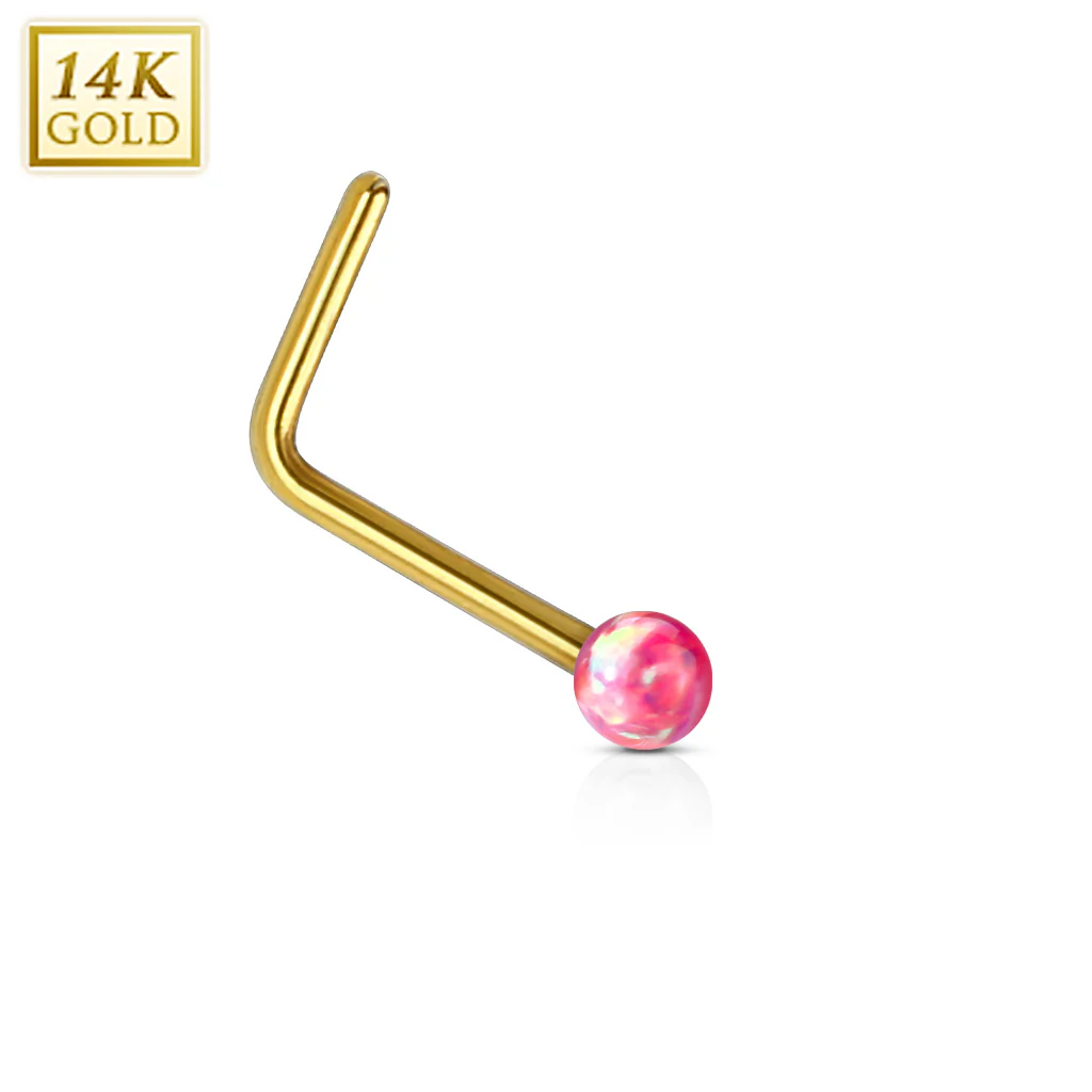 14K Solid Gold Opal Ball L Bend Nose Stud Ring - Image 6