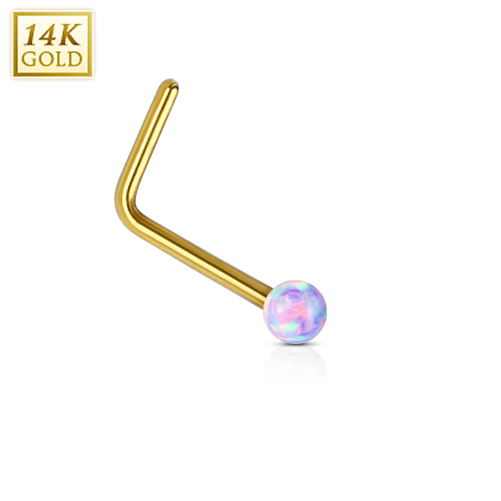 14K Solid Gold Opal Ball L Bend Nose Stud Ring - Image 7