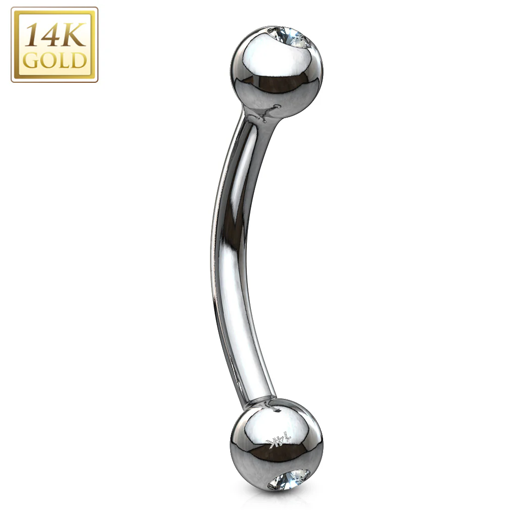 14K Solid Gold CZ Curve Barbell Eyebrow Ring - Image 2