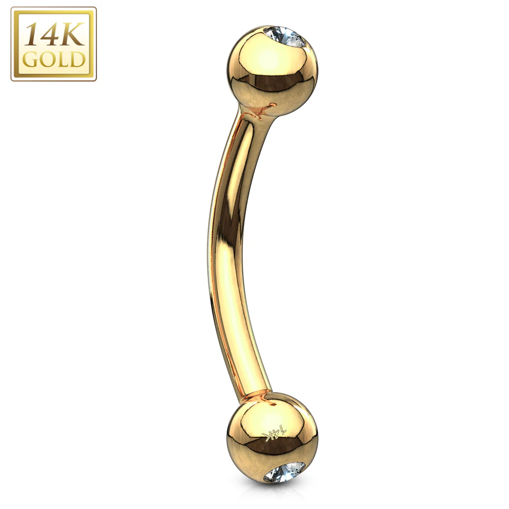 14K Solid Gold CZ Curve Barbell Eyebrow Ring - Image 3