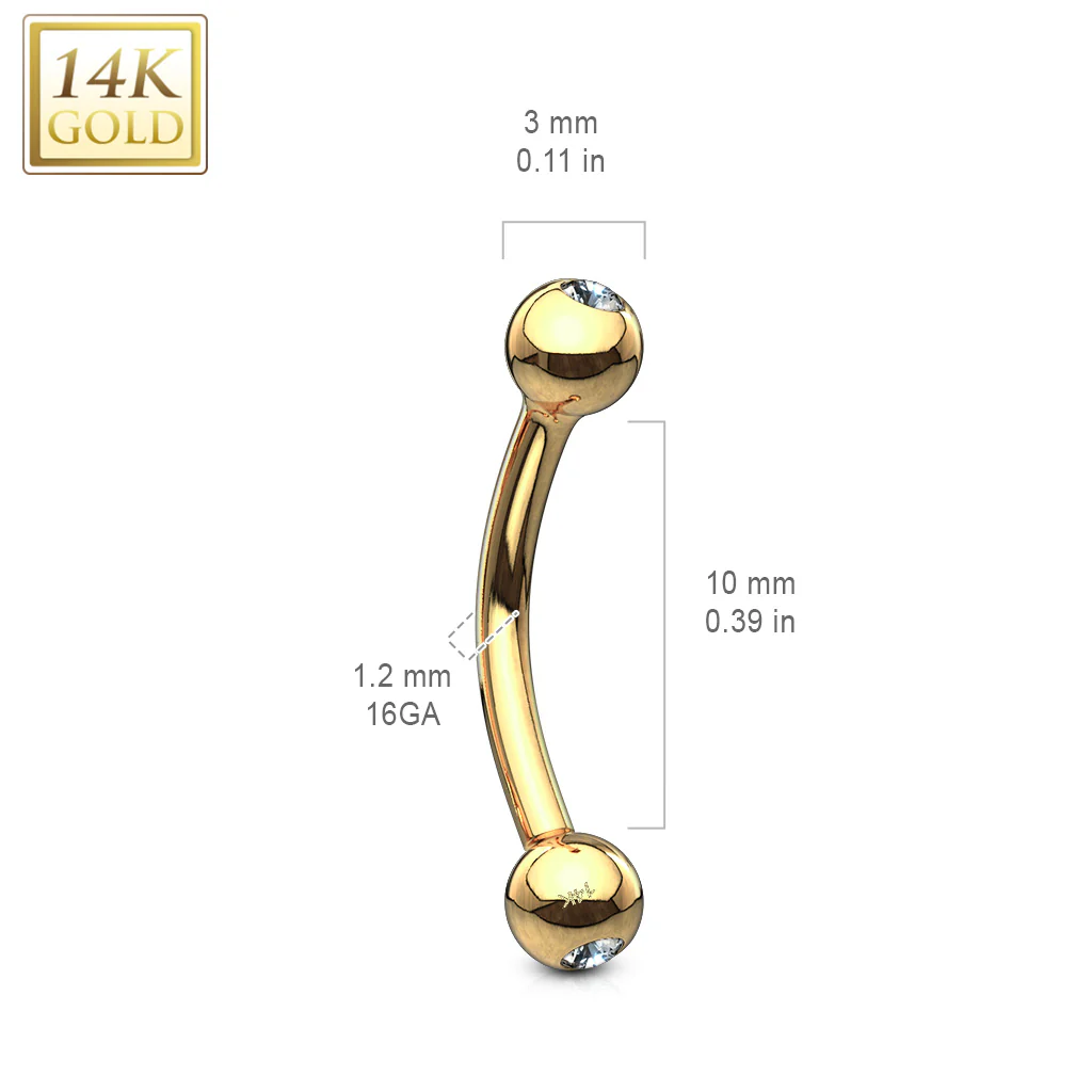 14K Solid Gold CZ Curve Barbell Eyebrow Ring - Image 4