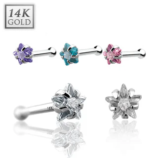 14K White Solid Gold CZ Star Top Nose Stud Ring