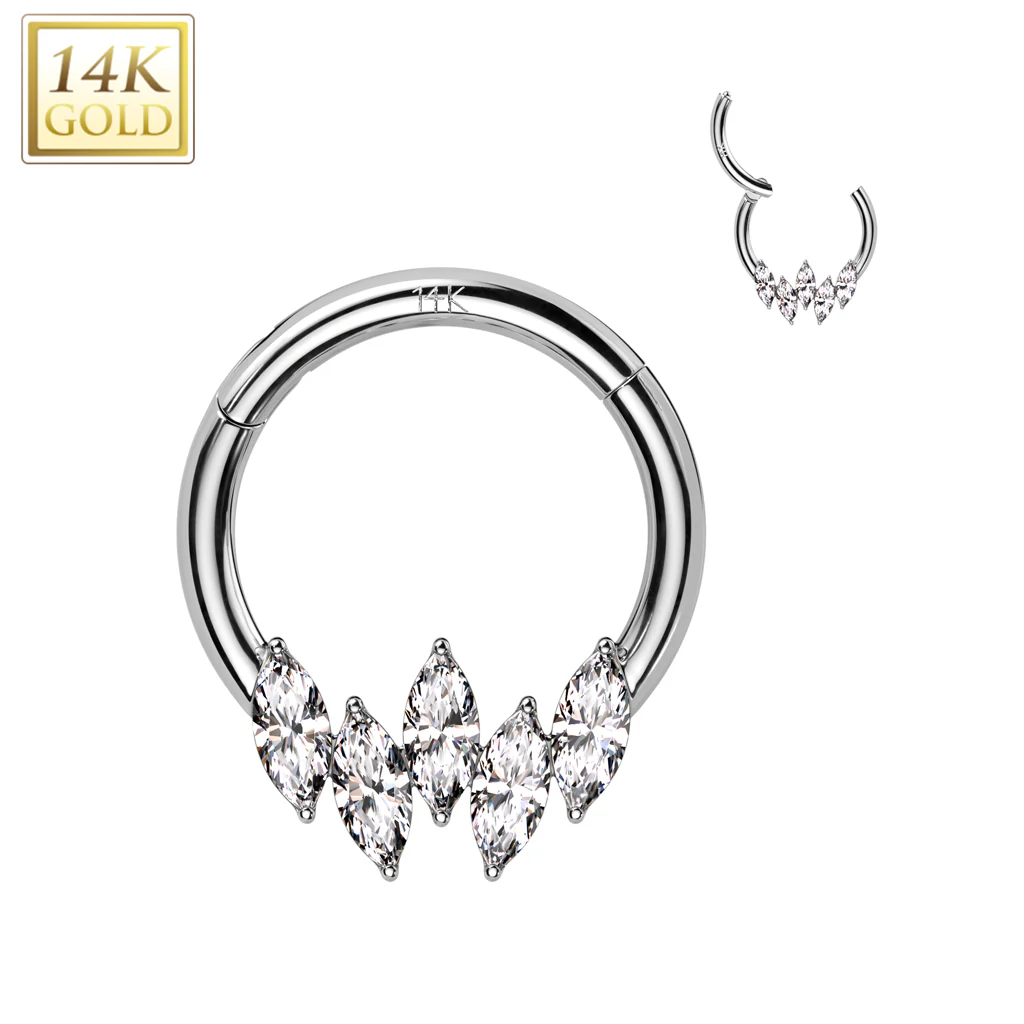 14K Solid Gold Marquise Hinged Segment Ring for Nose Septum Cartilage - Image 3