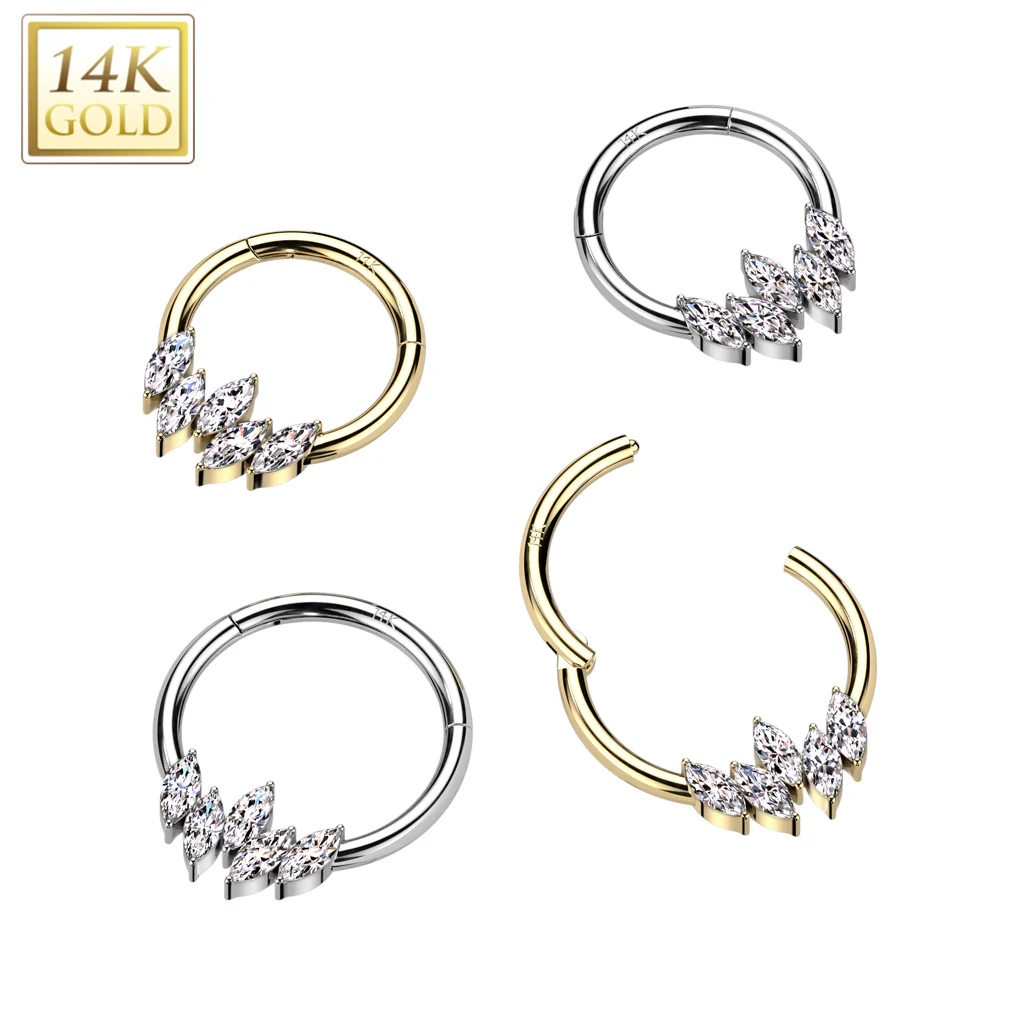 14K Solid Gold Marquise Hinged Segment Ring for Nose Septum Cartilage - Image 4