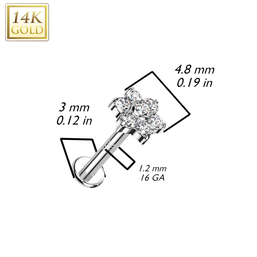 14K Solid Gold Internally Threaded Labret Stud CZ Opal Flower Top Tragus - Image 3