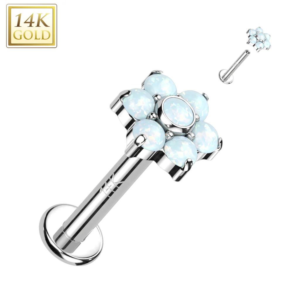 14K Solid Gold Internally Threaded Labret Stud CZ Opal Flower Top Tragus - Image 6