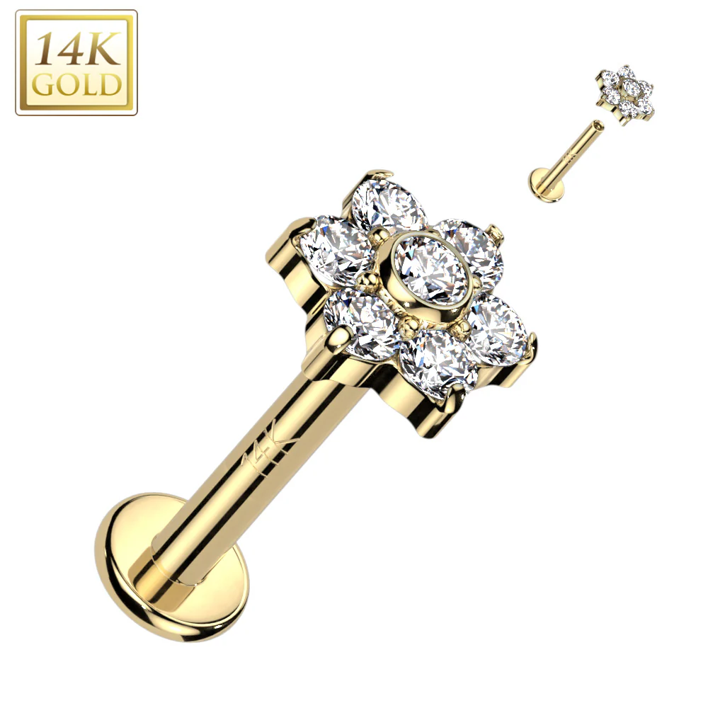 14K Solid Gold Internally Threaded Labret Stud CZ Opal Flower Top Tragus - Image 7