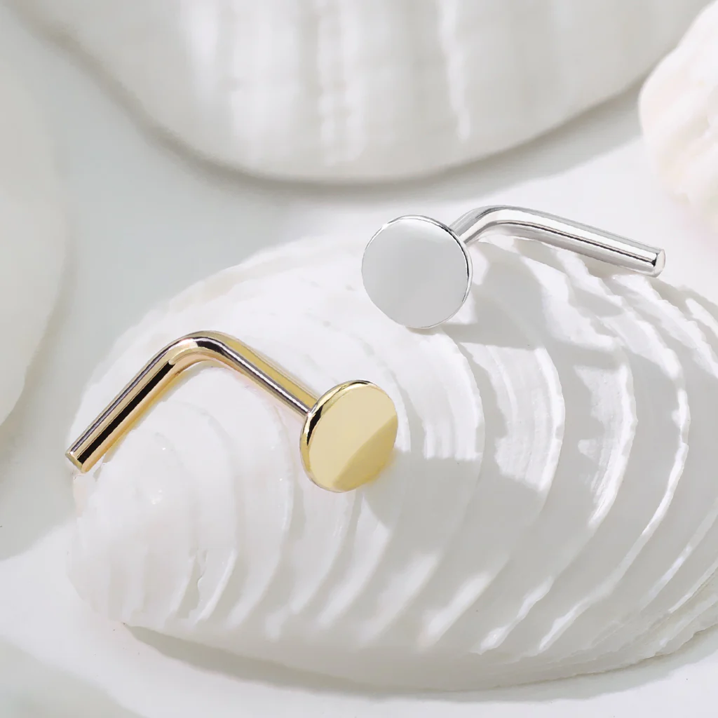 14K Solid Gold 3 mm Flat Disc Top L Bend Nose Ring