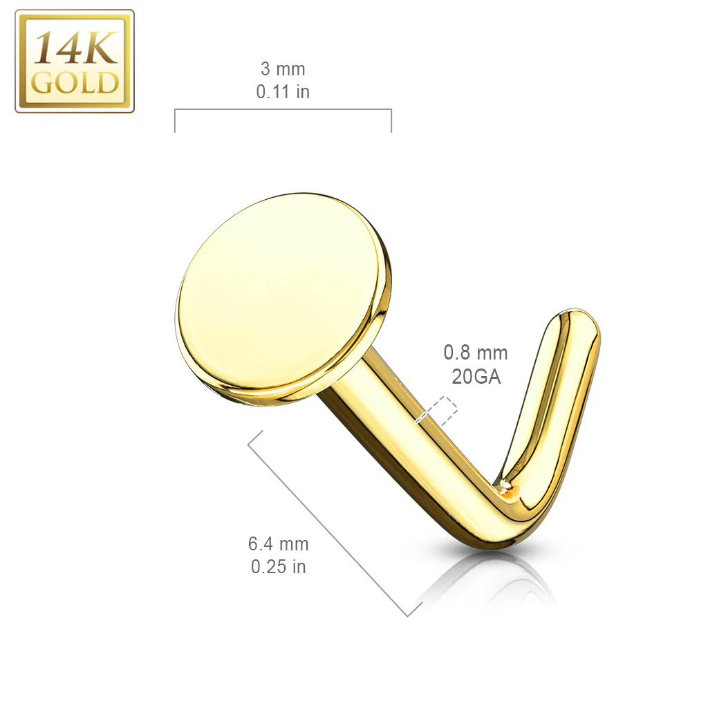 14K Solid Gold 3 mm Flat Disc Top L Bend Nose Ring - Image 3