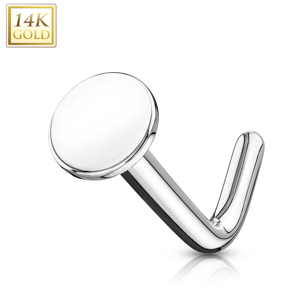 14K Solid Gold 3 mm Flat Disc Top L Bend Nose Ring - Image 4