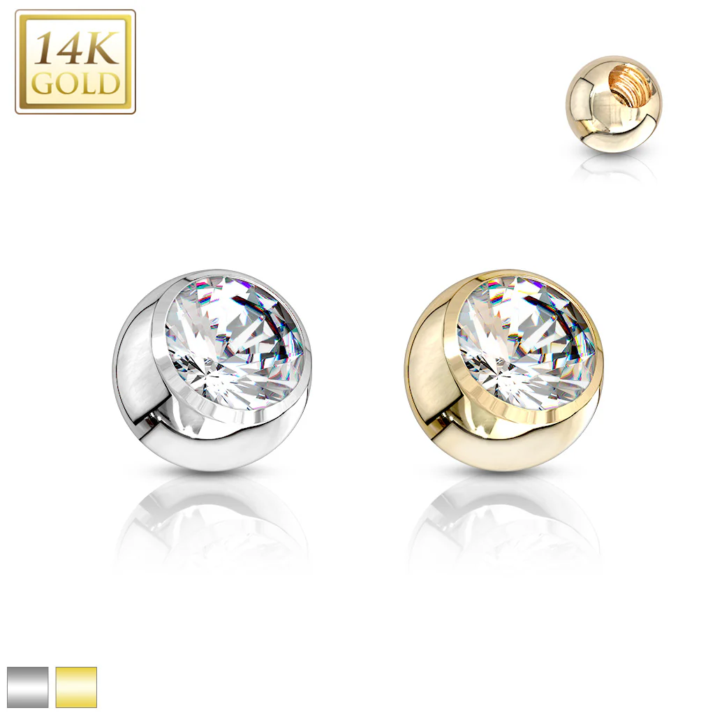 14K Solid Gold CZ Threaded Replacement Ball Top For Barbell