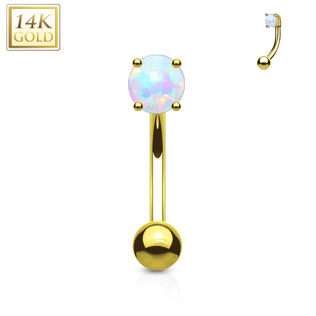 14K Solid Gold Prong Set Opal Stone Curve Barbell Eyebrow Ring - Image 2