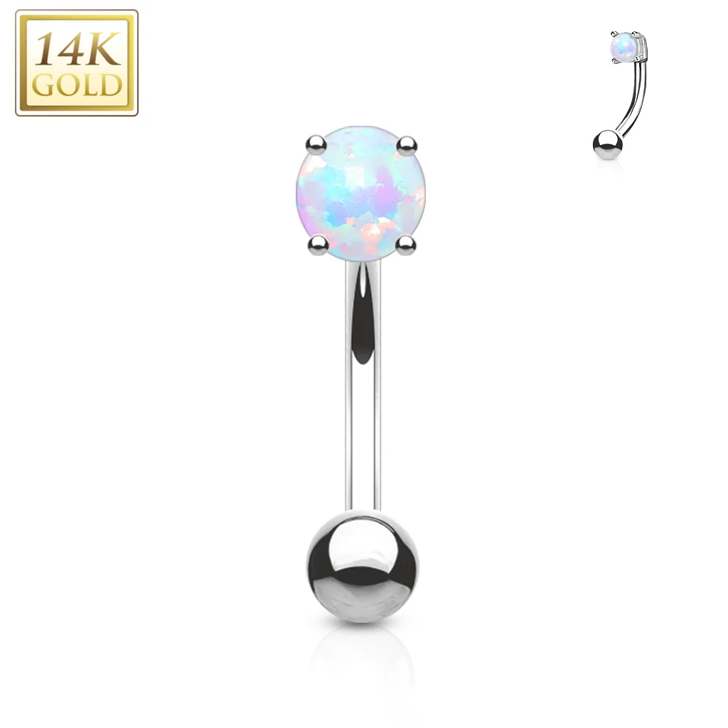14K Solid Gold Prong Set Opal Stone Curve Barbell Eyebrow Ring - Image 3