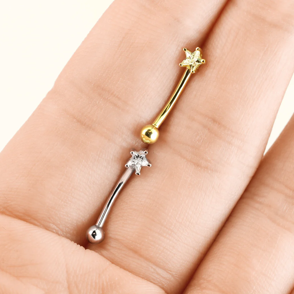 14K Solid Gold Star Prong Set CZ Curve Barbell Eyebrow Ring - Image 2