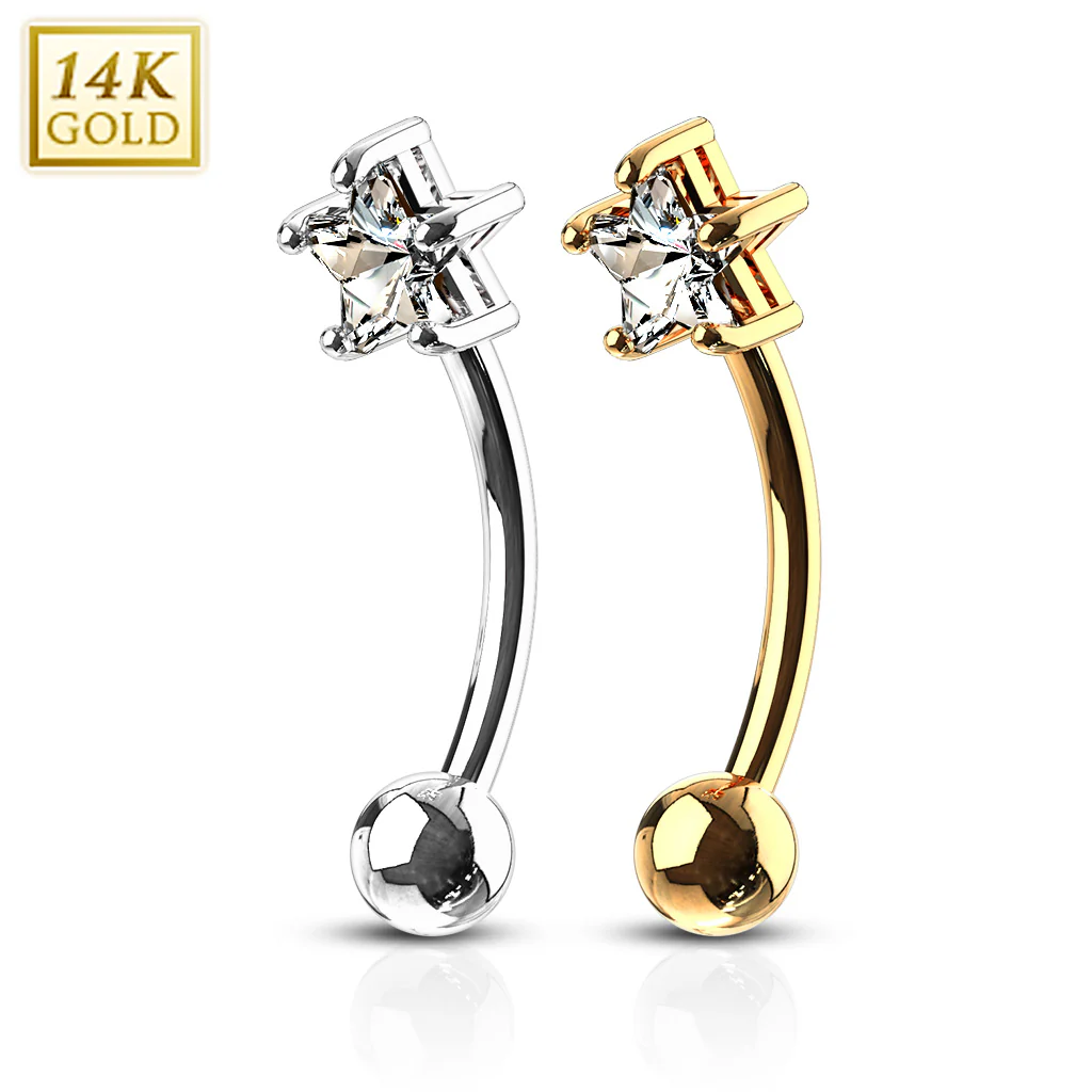 14K Solid Gold Star Prong Set CZ Curve Barbell Eyebrow Ring - Image 3