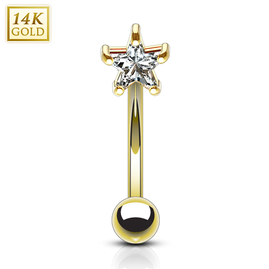 14K Solid Gold Star Prong Set CZ Curve Barbell Eyebrow Ring - Image 5