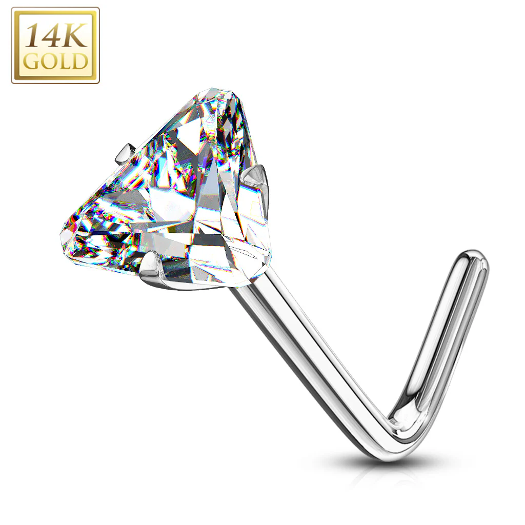 14K Solid Gold Triangle CZ Top L Bend Nose Stud Ring - Image 3