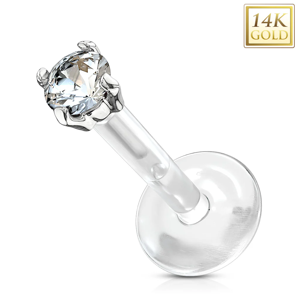 14K Solid Gold CZ Prong PTFE Flex Shaft Labret Monroe Cartilage - Image 4