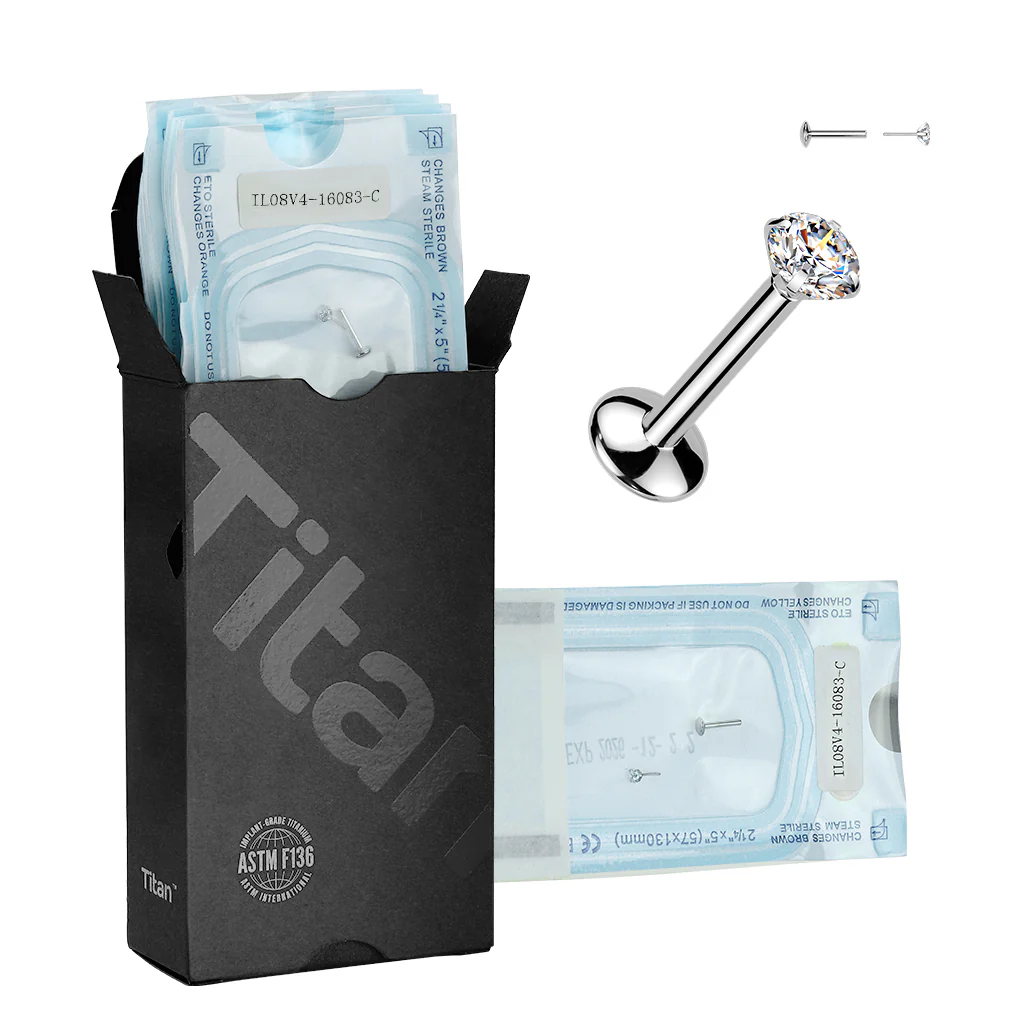 20 Pc Pack Titanium Pre-Sterilized CZ Threadless Push In Labret Stud For Helix Tragus