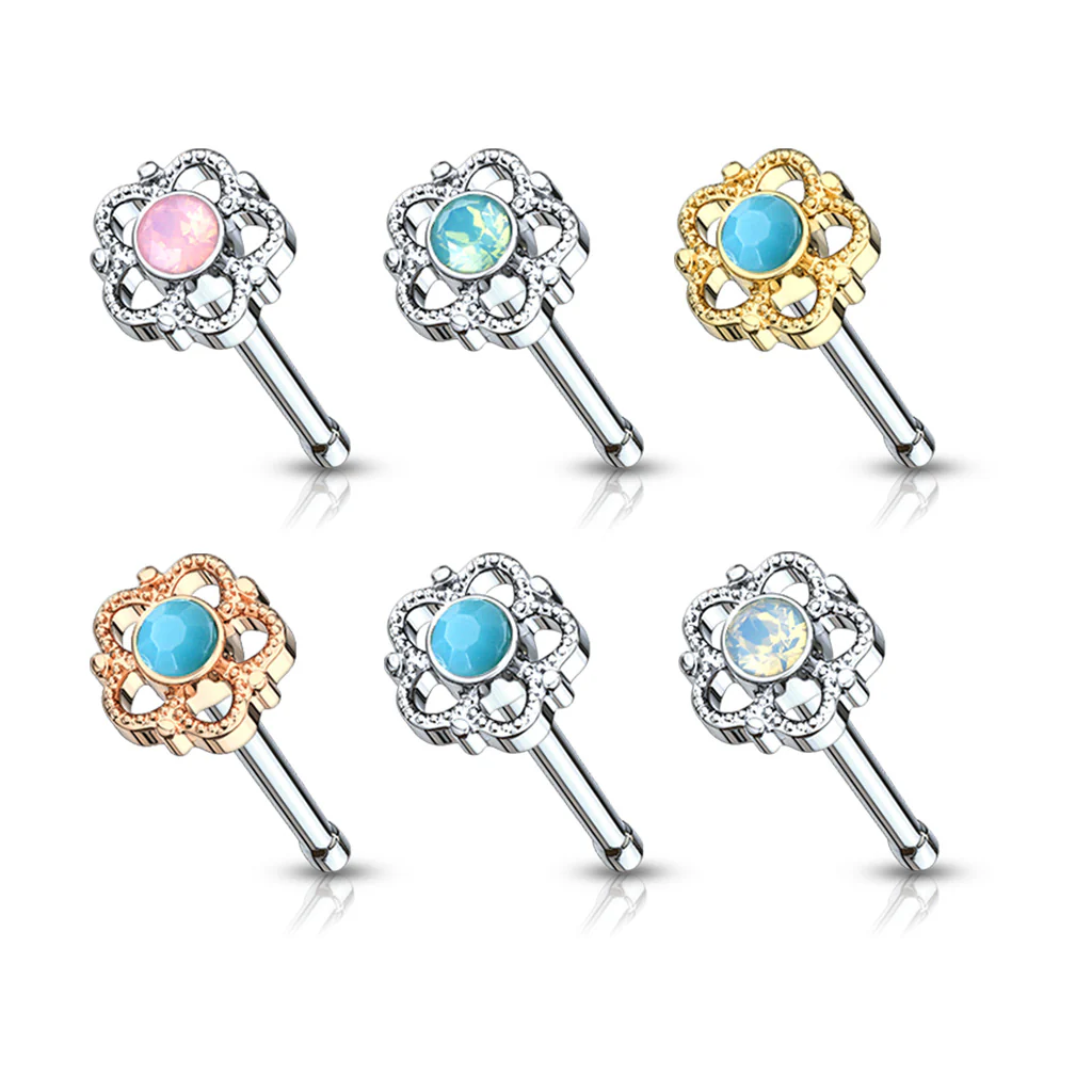 24 Pc Pre Loaded 5mm Turquoise & Opalite Flower Top Nose Bone Stud Rings - Image 2