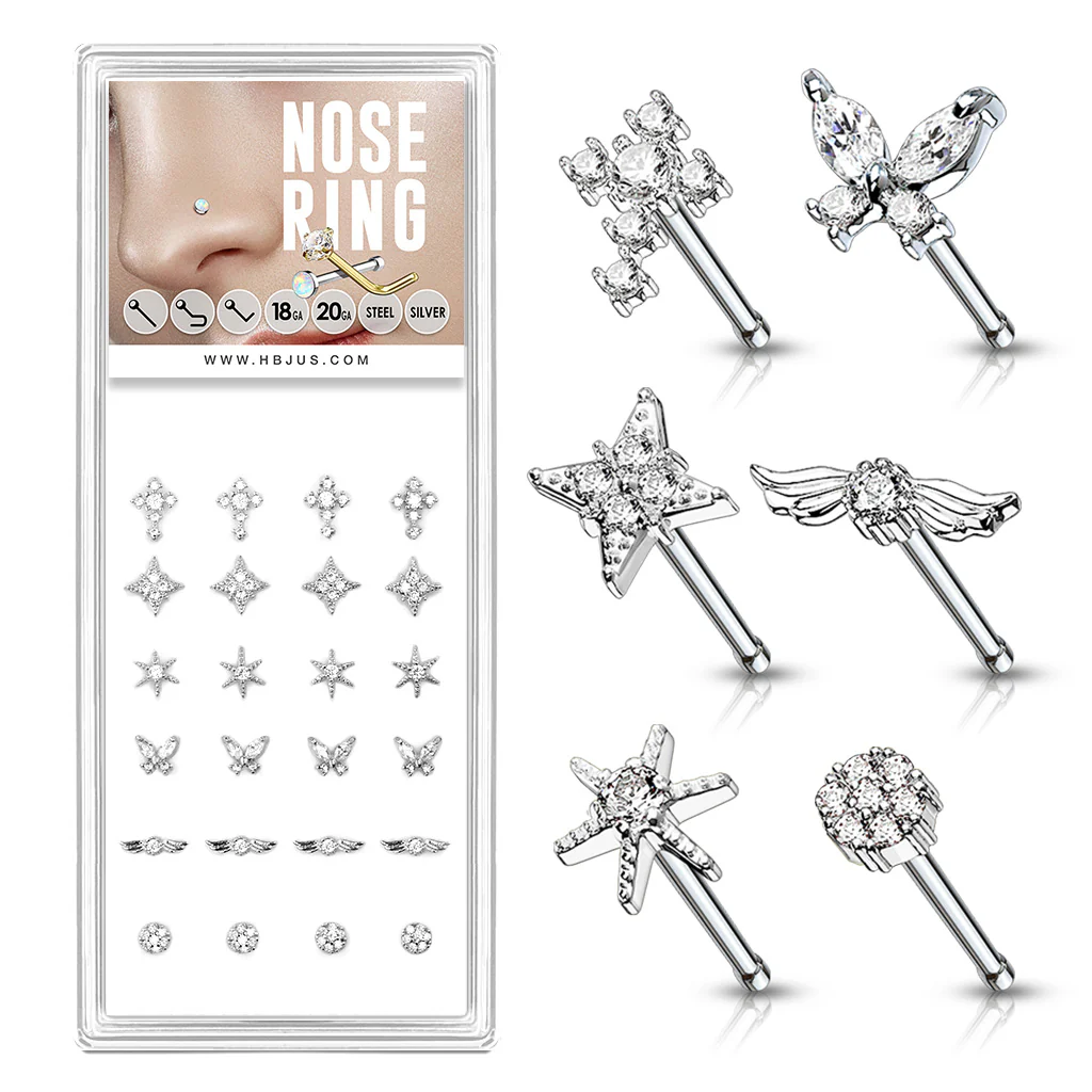 24 Pc Pre Loaded Mixed CZ Top Nose Bone Stud Rings