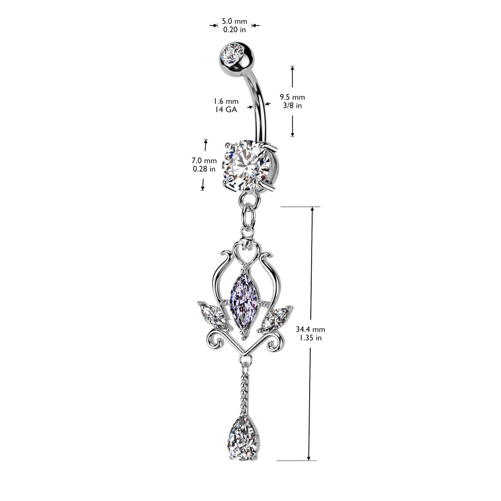 3 Round CZ With Floral Marquise CZ Dangle Belly Button Navel Rings - Image 2