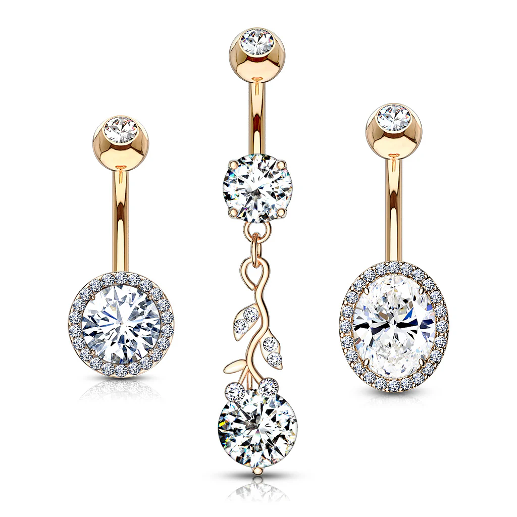 3 Pc Box Package Rose Gold Plated CZ Assorted Navel Belly Button Ring