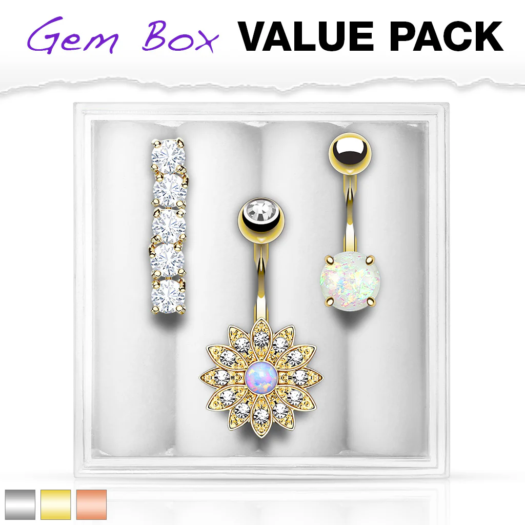3 Pc Box Set Assorted Opal CZ Navel Belly Button Ring - Image 2
