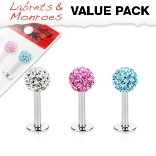 Value Pack 3 Pcs Ferido CZ Labret Monroe Studs 1/4"