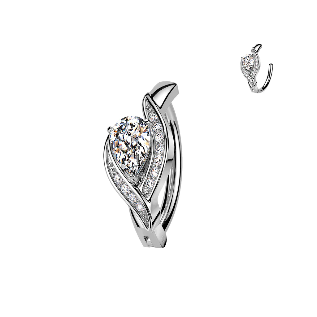 316L Hinged Belly Button Ring With Pave CZ & Large Teardrop CZ - Image 2