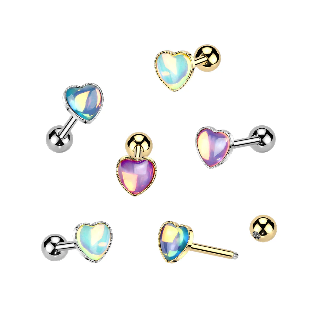 Cute! 316L Iridescent Stone Heart Barbell Tongue Rings - Image 2
