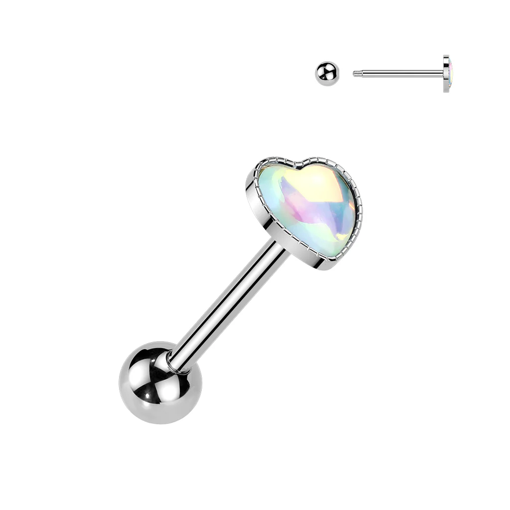 Cute! 316L Iridescent Stone Heart Barbell Tongue Rings - Image 3